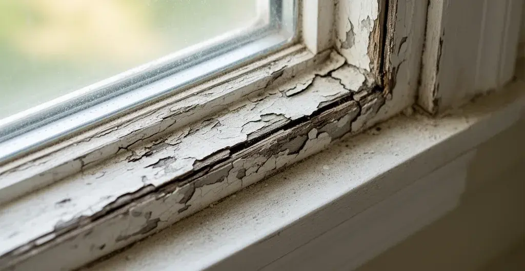 Détail de calfeutrage dégradé montrant des fissures autour d'un cadre de fenêtre