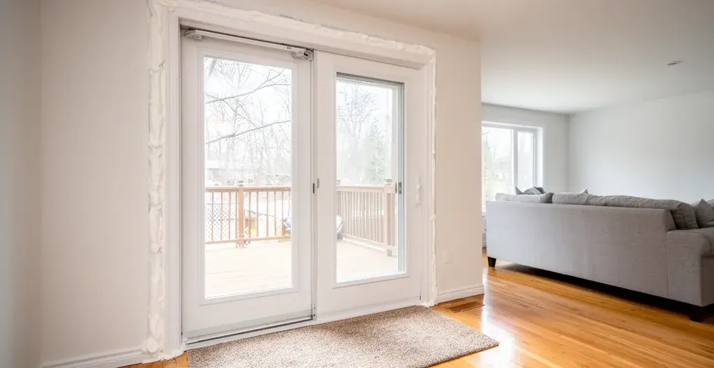 Vue intérieure d'une porte-patio avec joints de calfeutrage neufs visibles