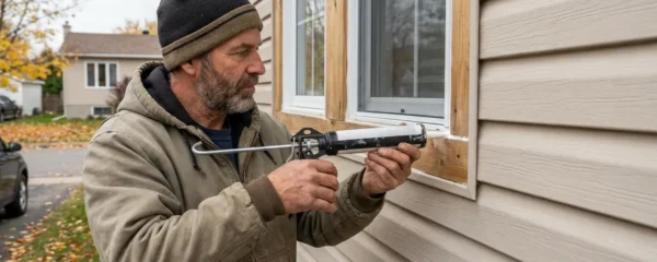 Technicien appliquant du calfeutrage professionnel autour d'une fenêtre résidentielle au Québec