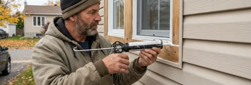 Technicien appliquant du calfeutrage professionnel autour d'une fenêtre résidentielle au Québec