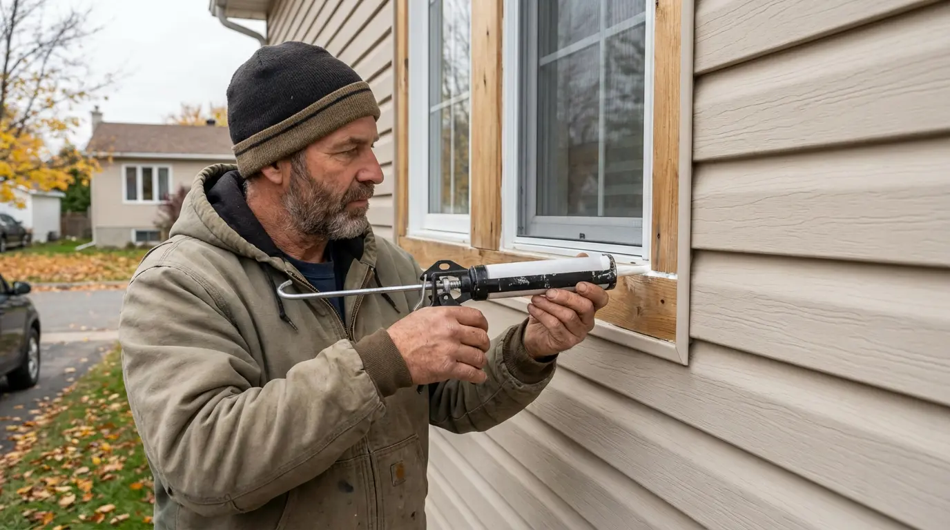 Technicien appliquant du calfeutrage professionnel autour d'une fenêtre résidentielle au Québec