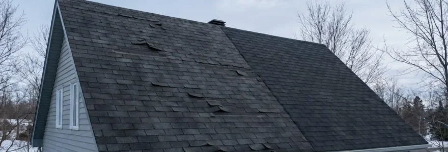 Maison suburbaine montrant une toiture en partie vieillissante avec bardeaux gondolés et gouttières obstruées.